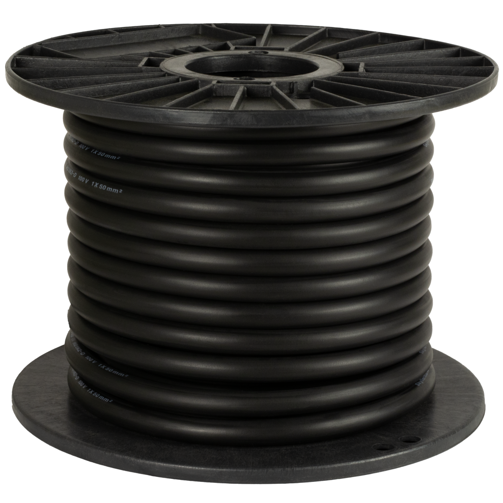 Skyllermarks förtennade 120 mm² gummikabel på svart spole; säljs som metervara samt i längderna 25 m och 50 m.