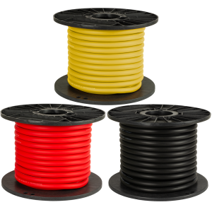 Skyllermarks tinned 16 mm² black, red, and yellow rubber cable on a black reel; sold by the meter and in 25 m, 50 m and 100 m lengths.