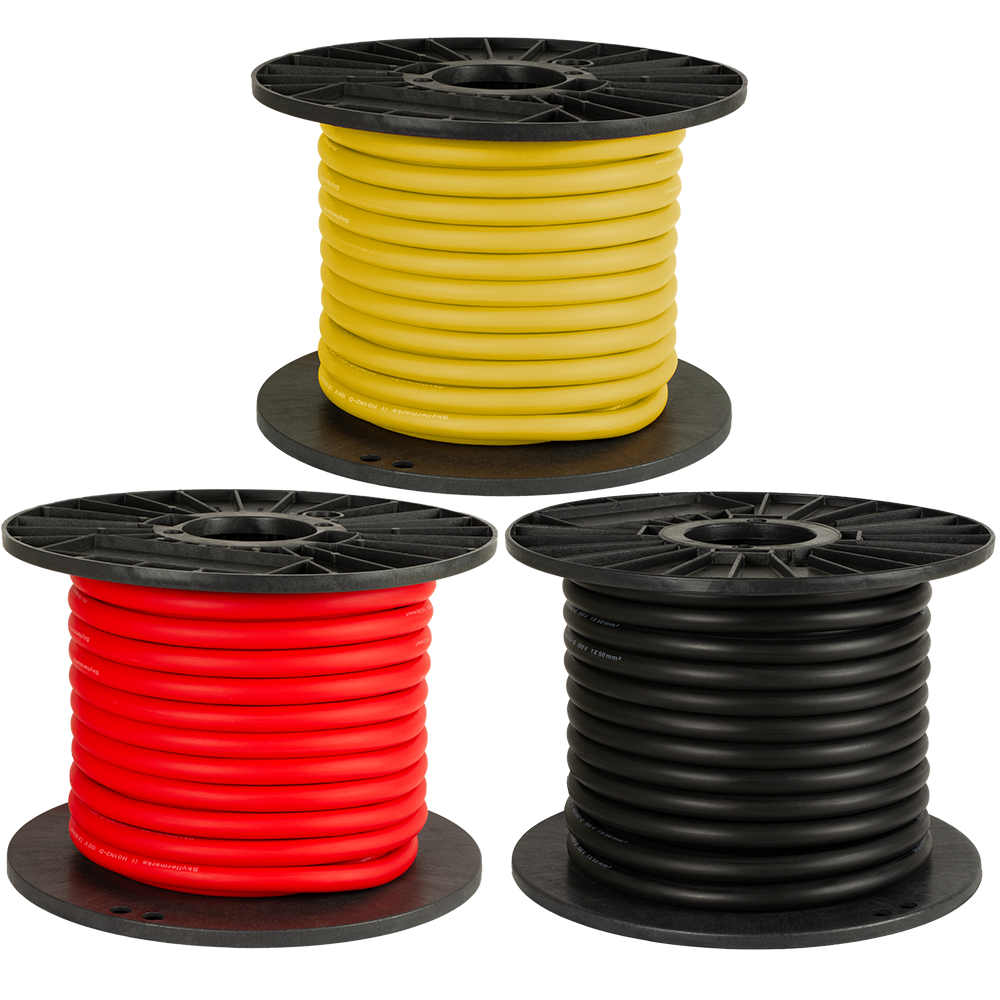 Skyllermarks tinned 70 mm² black, red, and yellow rubber cable on a black reel; sold by the meter and in 25 m, 50 m and 100 m lengths.